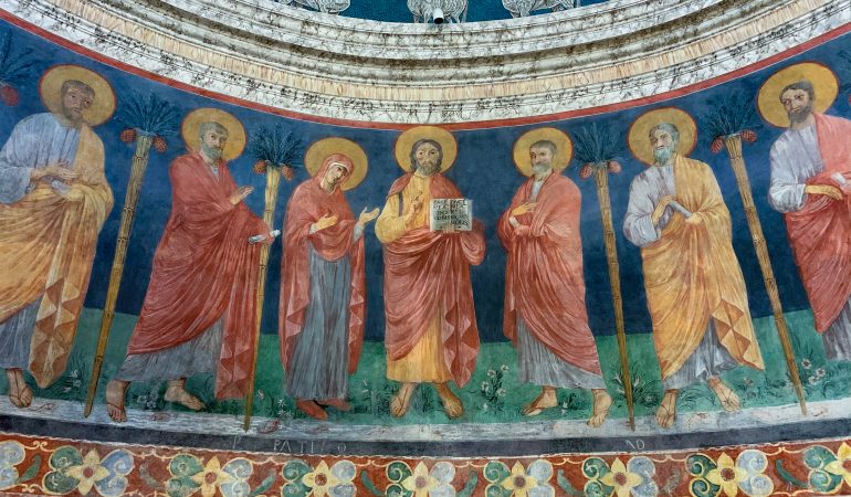 Jėzus Kristus su Mergele Marija ir apaštalais. Šventojo Klemenso bazilikos Romoje freska, XII a. J.M.Goštauto OP nuotrauka