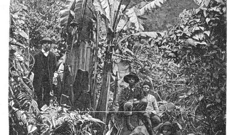 Misionierius Erdmonas Švelnius su čiabuviais prie miško upelio apie 1894 m. Medžio raižinys iš kun. Willi’o Gründlerio knygos „Geschichte der Bawenda-Mission in Nord-Transvaal“ (Berlynas, 1897)