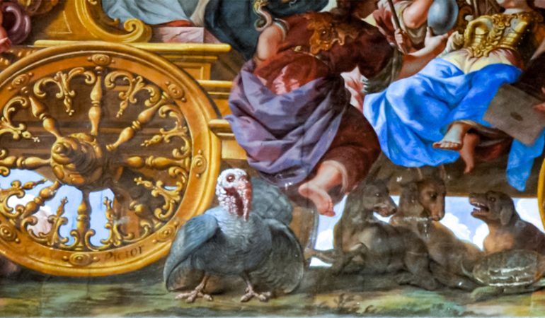 Bažnyčios triumfo vežimo parblokštos didžiosios ydos gyvūnų pavidalu: meška – tai rūstumas, strutis – apsirijimas, kalakutas – puikybė, vilkas – godumas, ožka – gašlumas, šuo – pavydas ir vėžlys – tingumas. Freskos detalė. 
Dail.Antonio Palomino, 1712 m., Šv. Stepono vienuolyno bažnyčios choras, Salamanca